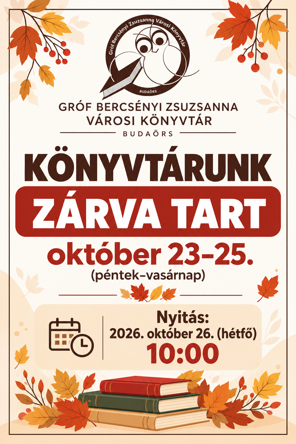 Őszi könyvtári zárvatartási plakát